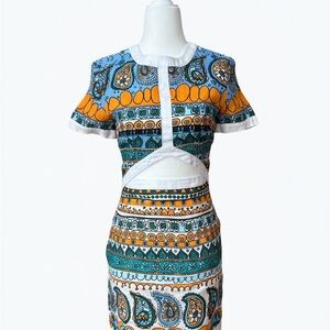 STAUD Linen Cutout Mini Dress Blue Orange Print Size S Linen Dress